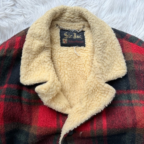 Vintage 60s Rancher Cabincore Red Plaid Wool Chore Jacket Coat Sherpa Shearling - Picture 6 of 10